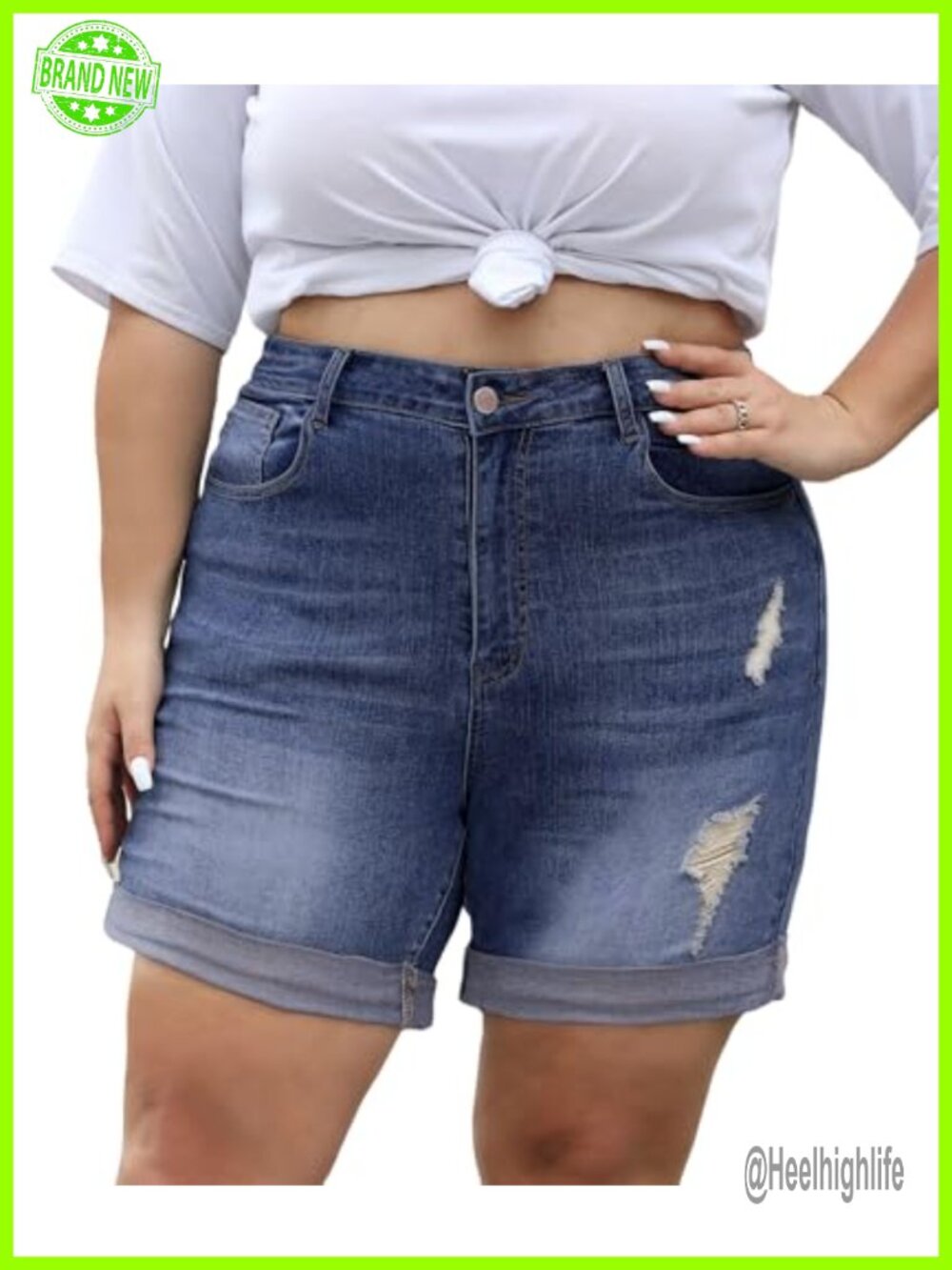 Plus Size High Waisted Stretchy Ripped Jean Shorts 6in Inseam Cotton Blend